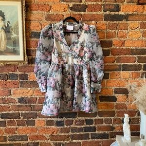 Selkie Garden Rose Puff Sleeve Organza Mini Dress